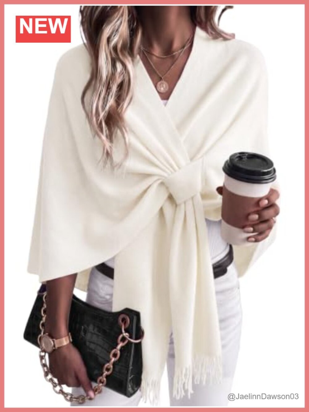 Wool Blend Shawl Wrap Fringe Hem One Size Women's Cardigan